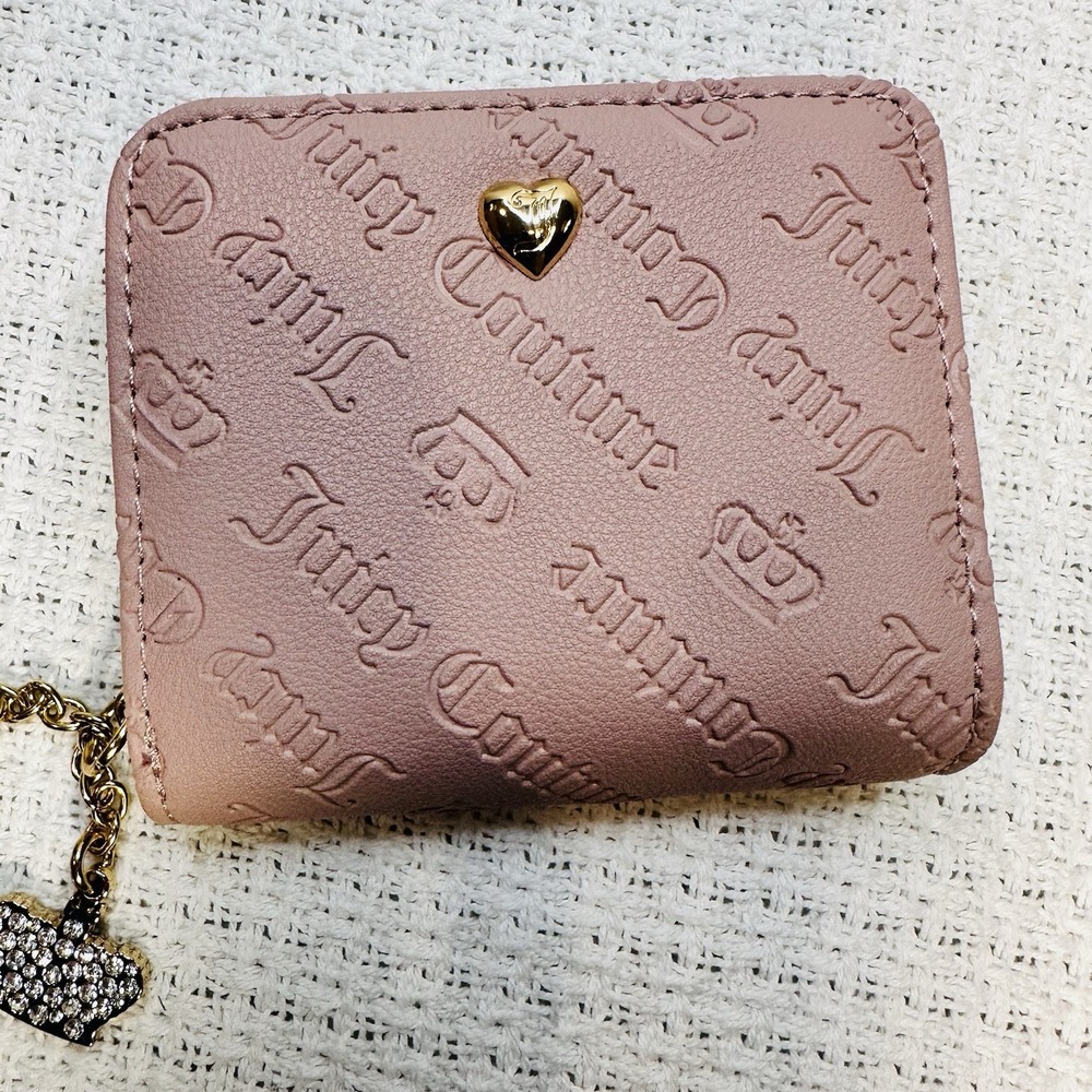 Juicy Couture Pink "Not Your Babe" Small Zip Around Wallet - Logo & Heart Charms - Picture 2 of 11